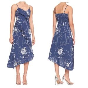 Banana Republic Asymmetrical Ruffle Midi Dress, Navy/White Floral Print